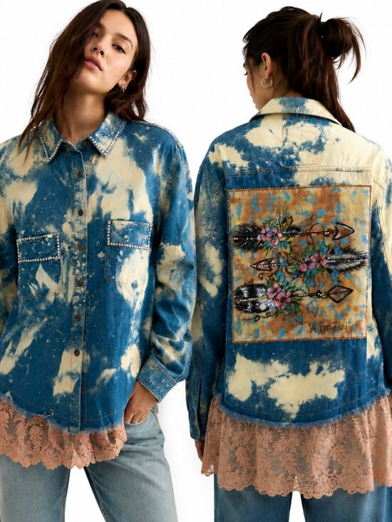 A Rare Bird Tops - A RARE BIRD BLEACH OUT PATCH BACK RHINESTONE TRIM DENIM SHIRT